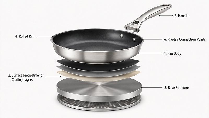 An exploded frying pan illustration identifying the body material, coating layers, base construction, edge, handle, and attachment points.