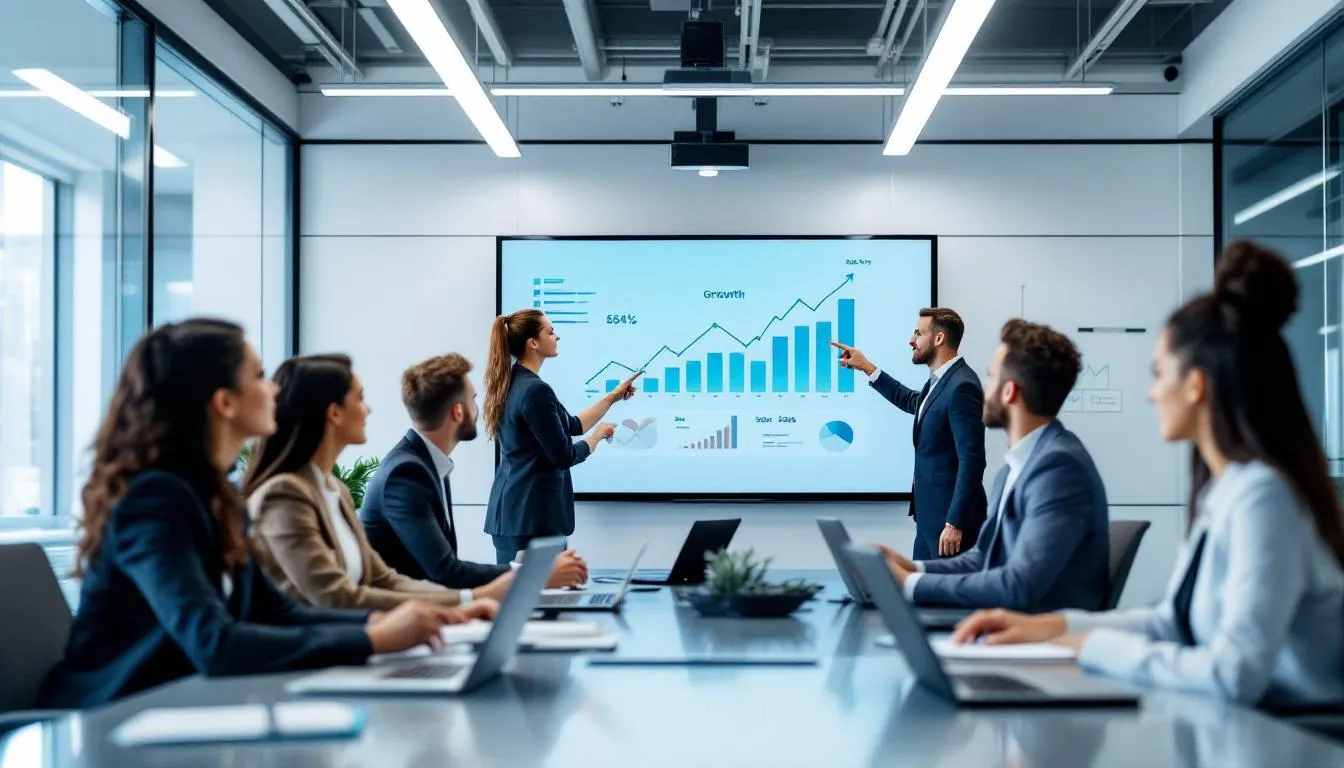 A group of business professionals is gathered around a table, analyzing growth charts and sales data to refine their marketing strategy and set measurable marketing objectives that align with broader business goals. They are discussing key performance indicators and strategies to boost customer acquisition and retention to drive revenue growth.