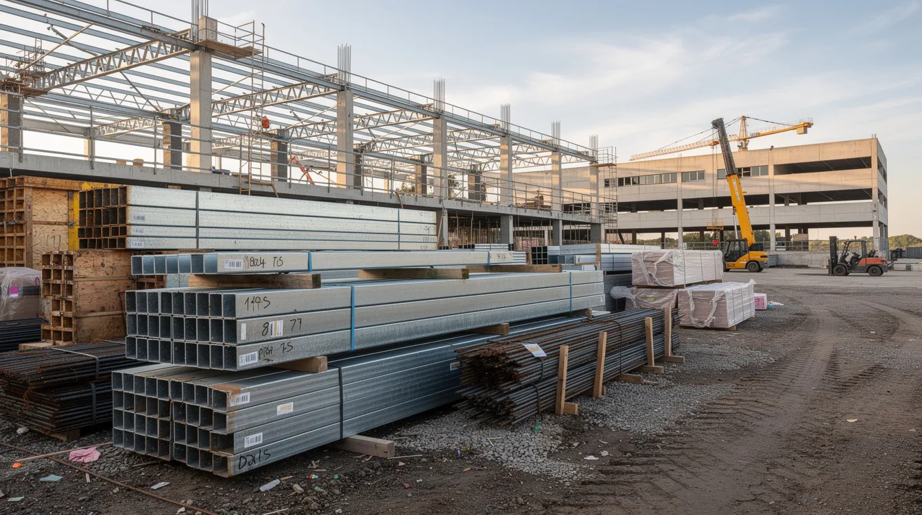 The image depicts steel beams and various construction materials stacked neatly at a commercial building site, highlighting the essential resources needed for construction projects. These materials are critical for ensuring project outcomes and managing costs effectively in the construction industry.