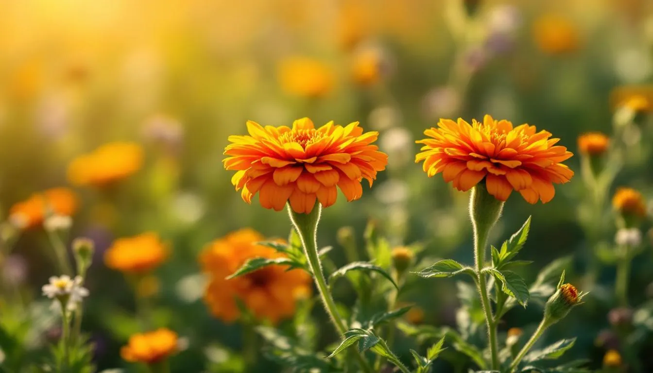 The image features vibrant orange calendula flowers, also known as pot marigold, in full bloom against a natural backdrop. These flowers are often used to create calendula oil and tinctures, valued for their healing properties, including wound healing and anti-inflammatory benefits.
