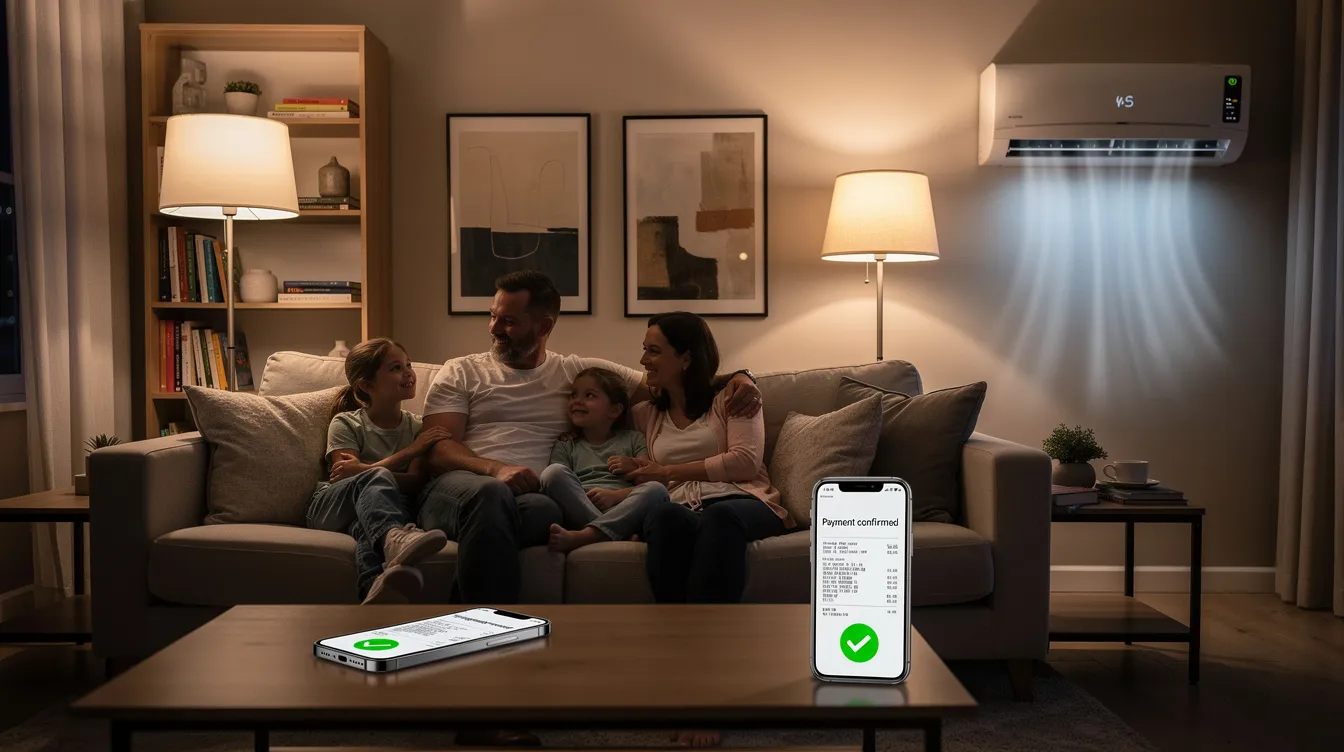 The image shows a family gathered in a well-lit living room, with air conditioning running for comfort. On the table, a phone displays a payment confirmation, highlighting the convenience of digital payments for paying utility bills in Pakistan.