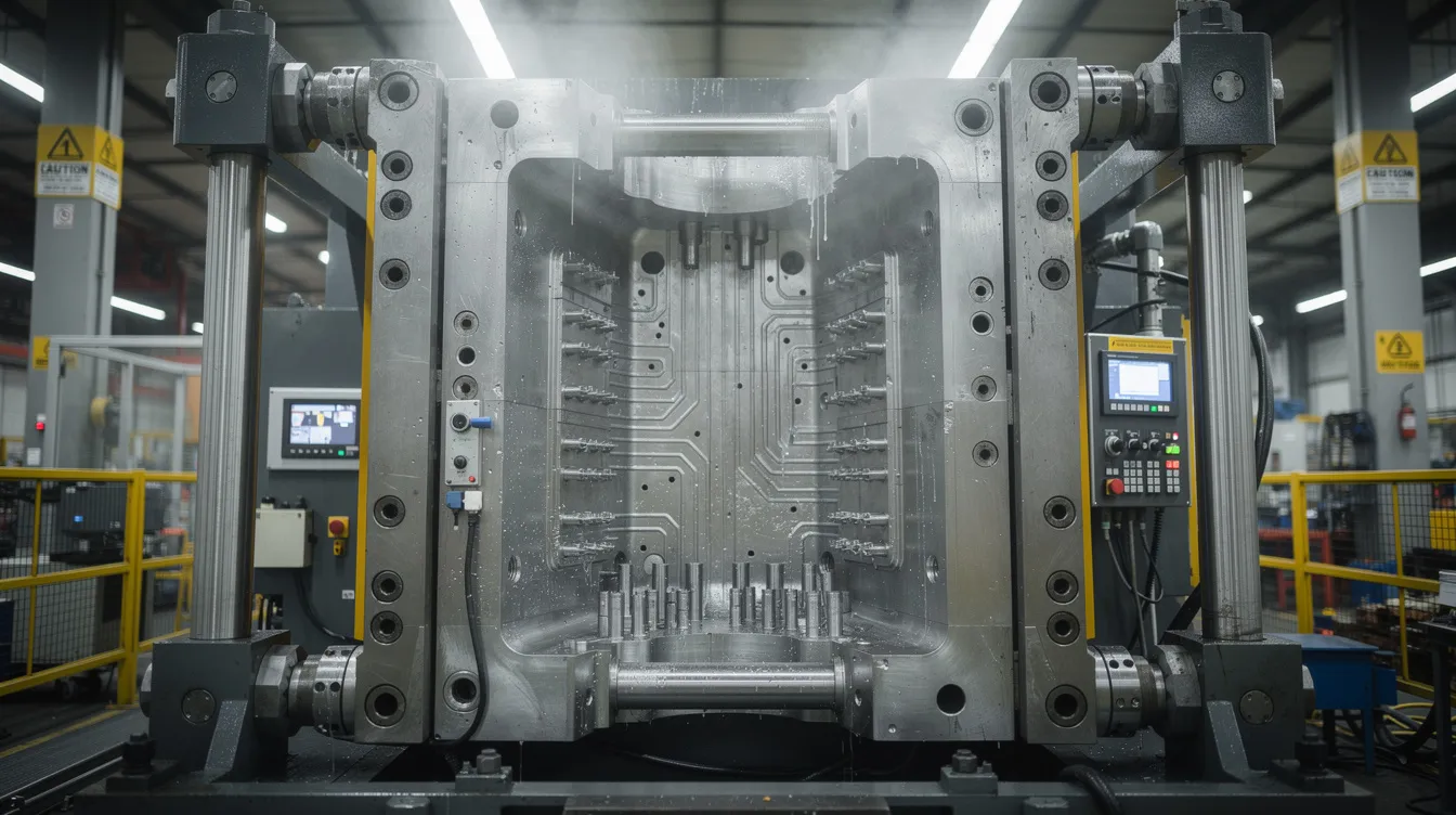 The image shows a close-up view of a large industrial high pressure die casting machine with its die halves open, revealing the mold cavity and ejector pins inside a factory environment. This setup illustrates the die casting process where molten metal fills the die to create complex parts with excellent dimensional accuracy.