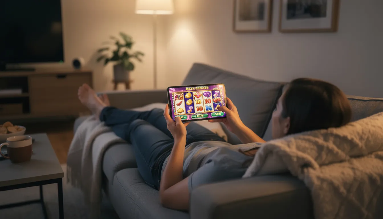 En person sitter avslappnat på en soffa och spelar casino spel på sin smartphone, med fokus på att njuta av underhållningen hos klirr casino. Mobilen visar en spelapp med olika slots och spelalternativ, vilket ger en känsla av att spela direkt och enkelt.