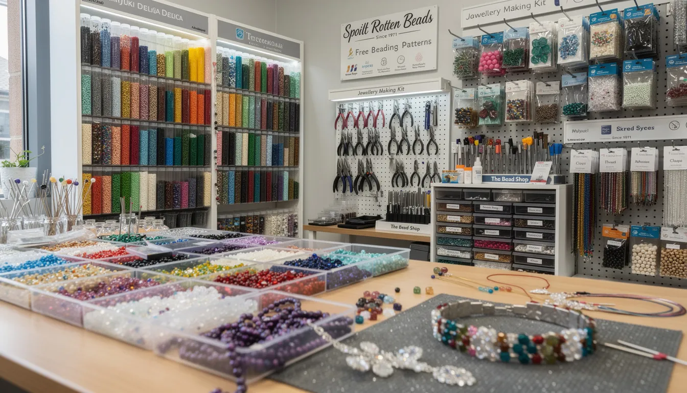 The image showcases a vibrant bead shop filled with an extensive variety of beads, including sparkling crystal beads, colorful glass beads, and semi-precious stones, ideal for jewellery makers. Alongside these, there are numerous jewellery making supplies and kits, providing crafters with everything they need to create beautiful and durable pieces.