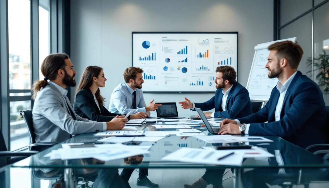 A group of business analysts is engaged in a requirements assessment meeting, surrounded by charts and data visualizations that highlight key insights for data-driven decisions. The scene reflects a collaborative environment focused on leveraging data analytics services to enhance business operations and improve data quality.