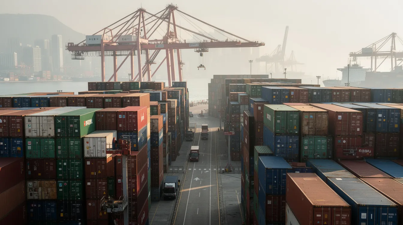 The image depicts a bustling Hong Kong port terminal, with numerous shipping containers stacked high and large cranes in the background, illustrating the busy logistics environment essential for businesses, including 中小企業 and their financing needs. This scene highlights the importance of efficient shipping and logistics in supporting 中小企融資 and other commercial activities.