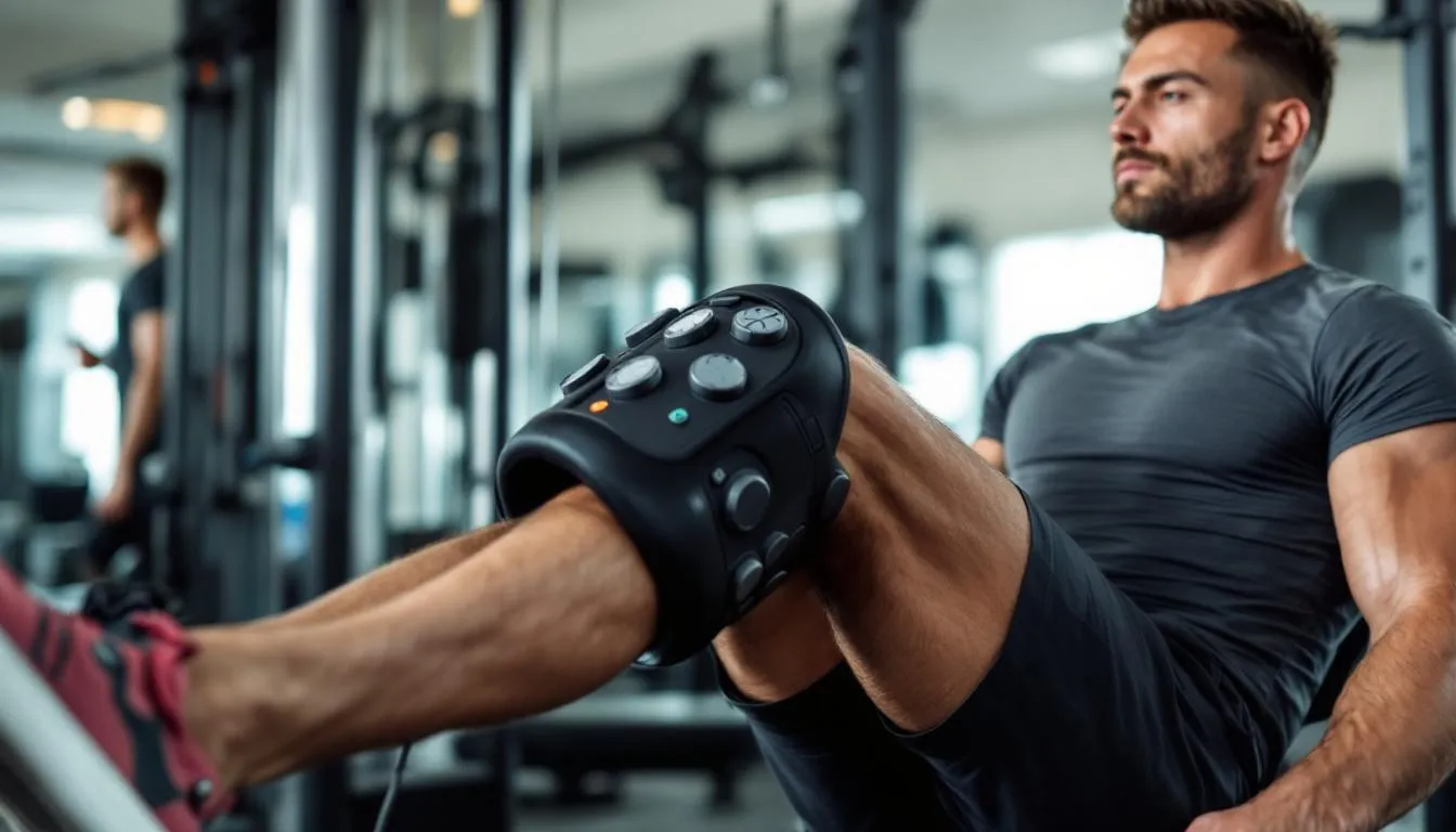 An active person is using the Nooro knee massager after exercising, featuring adjustable straps and soothing heat to alleviate knee pain and discomfort. This portable device combines red light therapy and vibration massage, providing relief from post-workout soreness and promoting muscle relaxation.