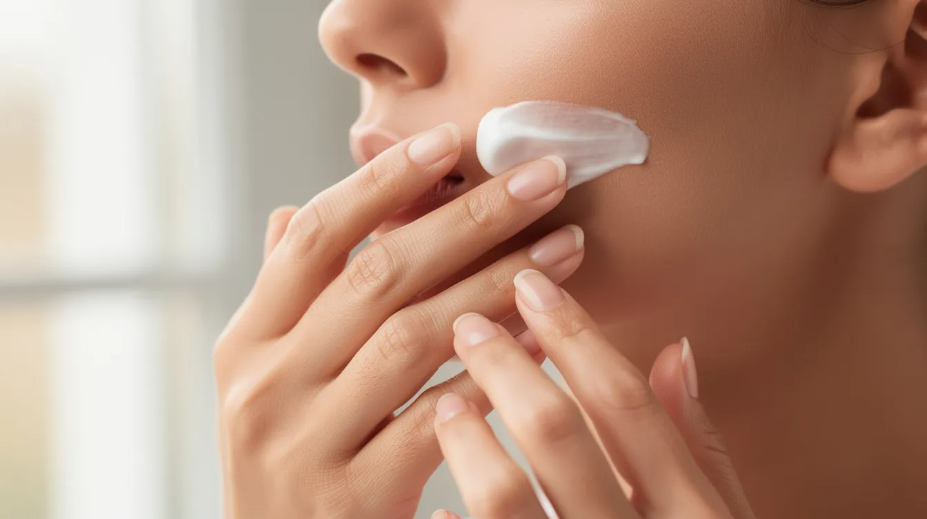 A close-up image shows hands gently applying a fragrance-free moisturizer to a face with dry, flaky skin, highlighting the importance of skincare in treating dry skin conditions. The careful application suggests a focus on maintaining skin health and hydration, particularly for those with sensitive or severely dry skin.