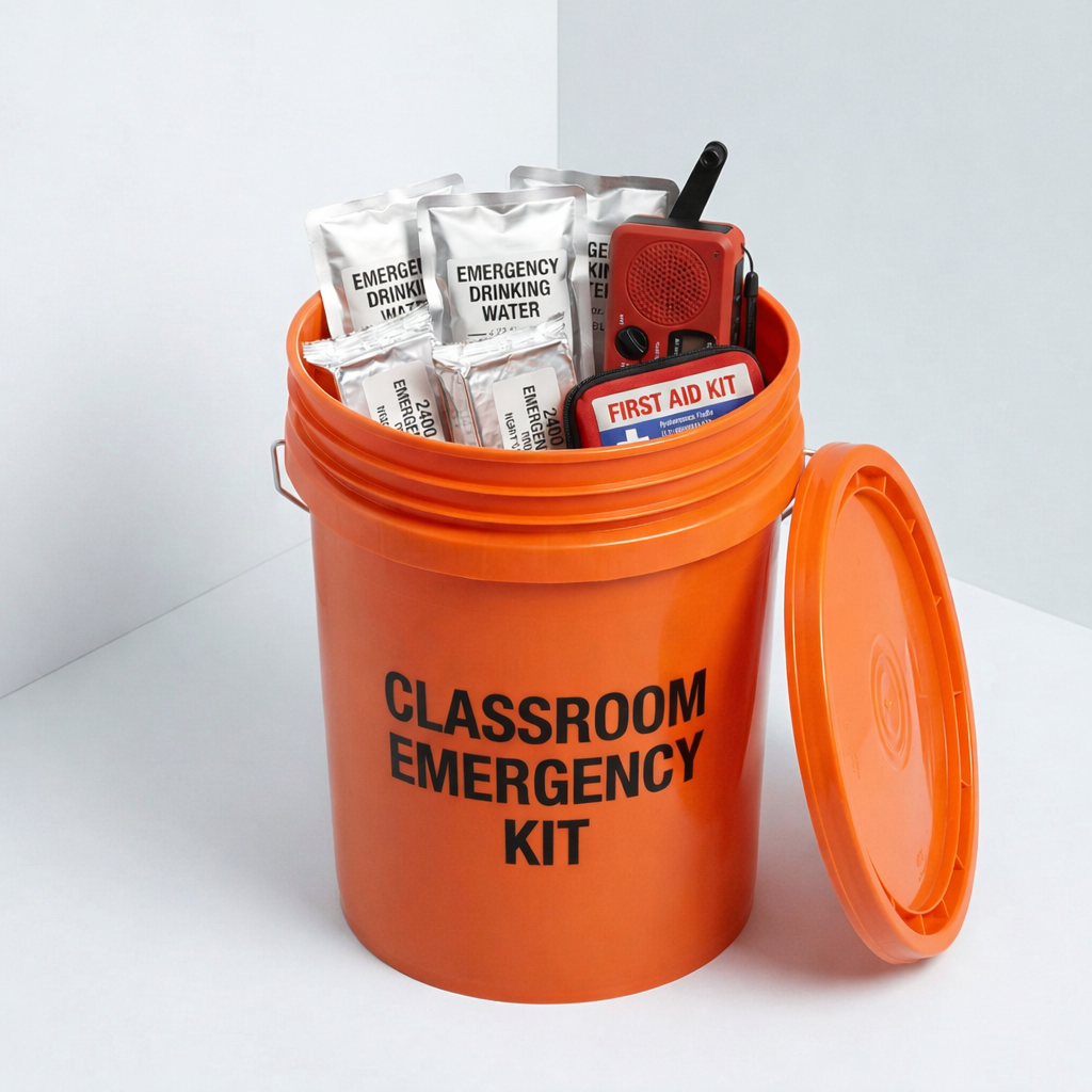 An open five-gallon bucket labeled "Classroom Emergency Kit," packed with water pouches, food bars, a first aid kit, and a radio.