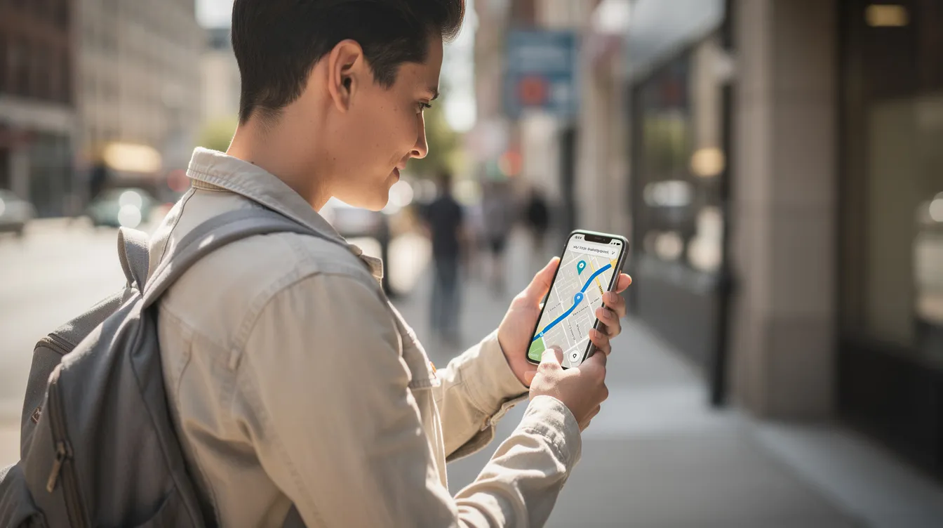 A person is standing outside, intently looking at a smartphone displaying a map application, likely navigating their way. This scene highlights the importance of local search and digital marketing services for small businesses to connect with potential customers effectively.