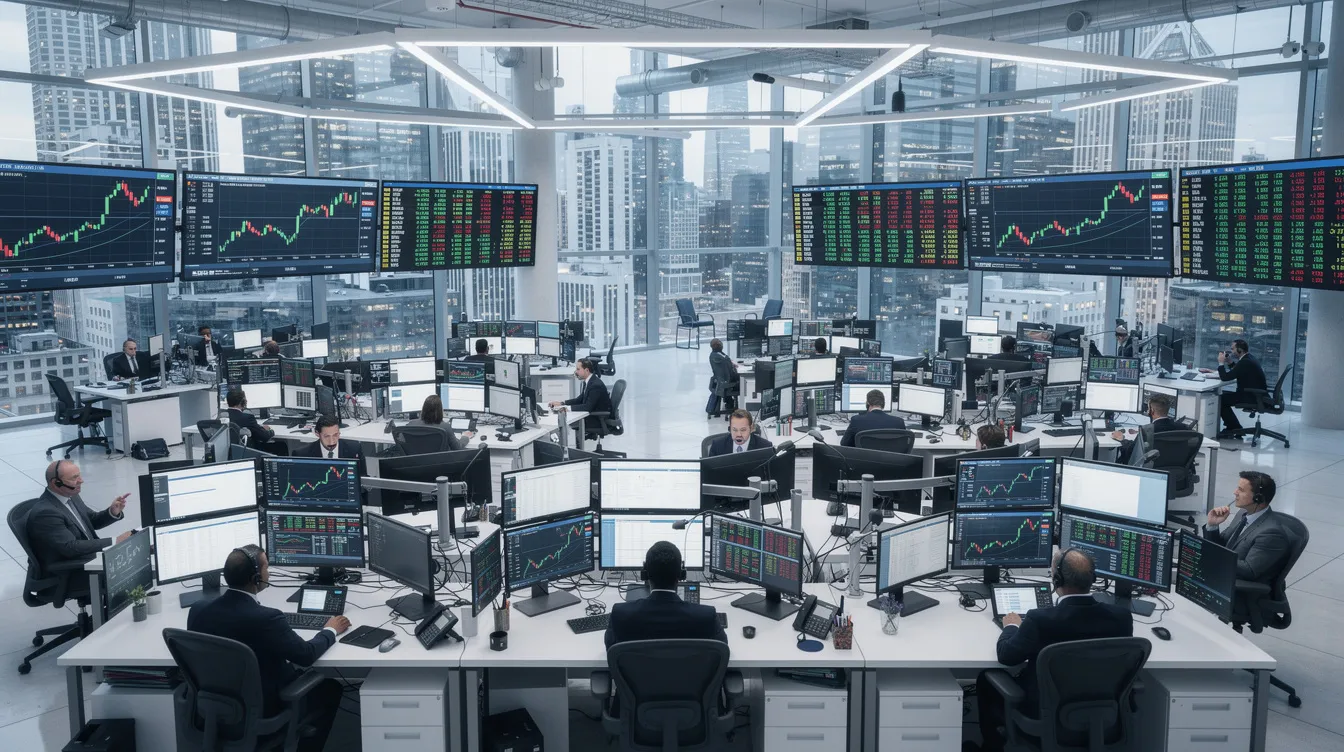 The image depicts a large, modern bank trading floor filled with financial institutions' professionals working at multiple desks, each equipped with several monitors displaying real-time financial data. This environment highlights the importance of compliance teams utilizing advanced analytics and ongoing transaction monitoring to detect financial crime and ensure regulatory compliance.