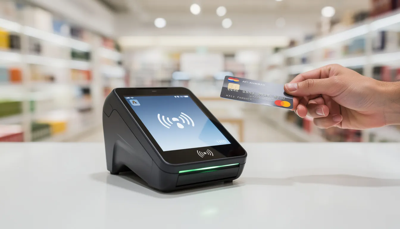 The image shows a modern contactless card payment terminal placed on a retail counter, designed for efficient financial transactions. This device allows customers to make secure payments quickly, enhancing the overall customer experience and convenience at the point of sale.