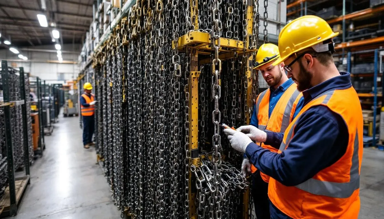 In a warehouse setting, industrial workers are inspecting various chain sling components, including sling hooks, master links, and lifting chains, ensuring they meet safety standards for overhead lifting applications. The scene highlights the importance of checking the working load limit and durability of the rigging hardware used in heavy-duty lifting operations.