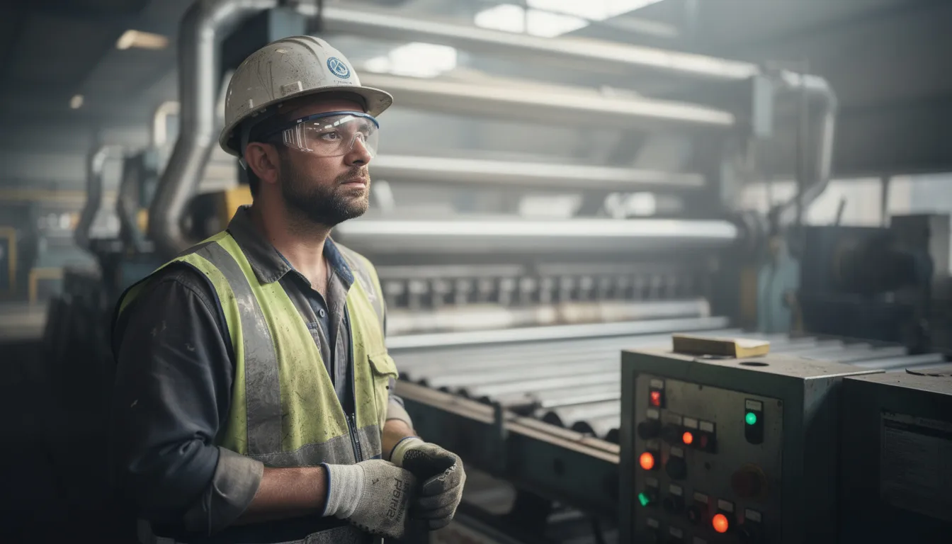 An industrial worker stands in a factory setting, not looking at the camera, surrounded by machinery and safety equipment. This image highlights the importance of workplace safety and the potential for workplace injuries, emphasizing the need for workers compensation claims and legal assistance in case of accidents.