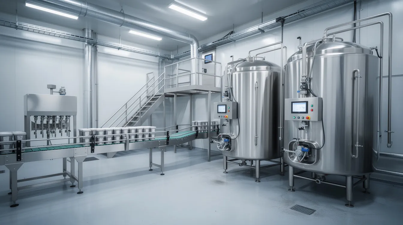 The image depicts the interior of a modern ice cream manufacturing unit, showcasing large stainless steel mixing tanks and advanced conveyor systems designed for efficient ice cream production. This facility highlights essential equipment used by ice cream manufacturers to streamline the process and ensure quality inspection of their frozen dessert products.