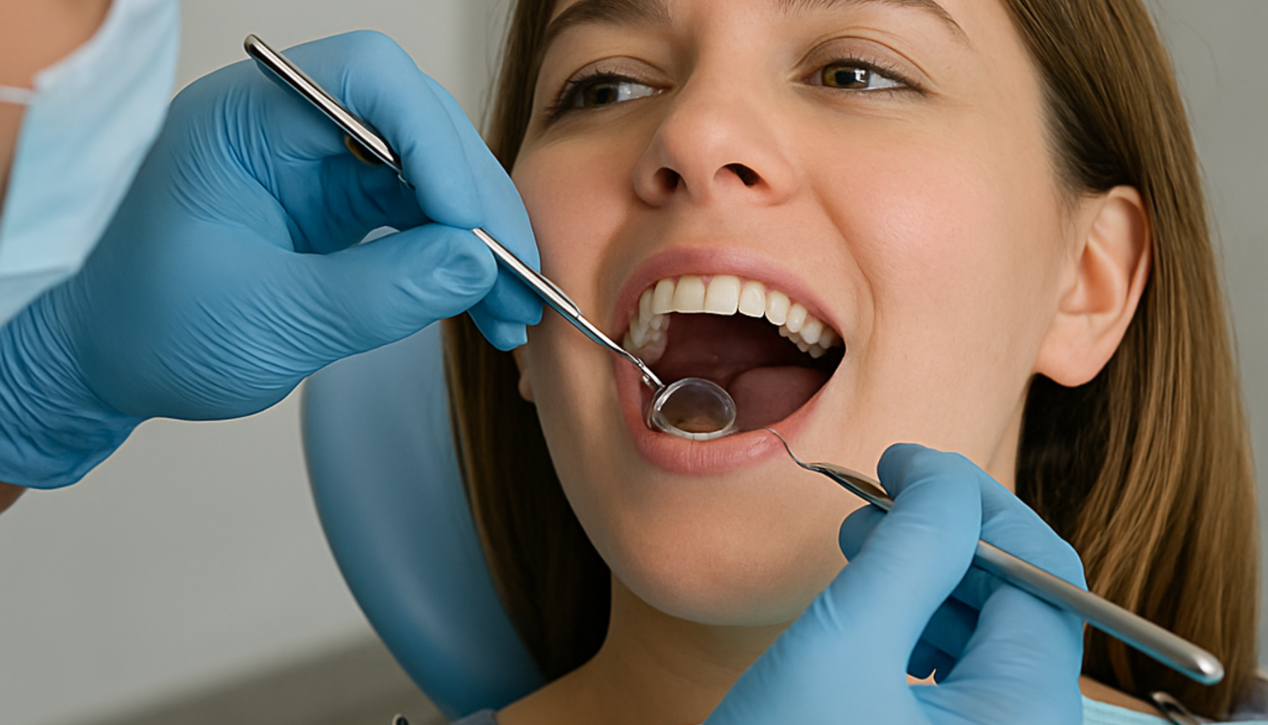Tannpressing Symptomer: Når Du Ikke Vet At Du Gjør Det 18 Kvinne i tannlegestol får undersøkt tennene med speil og instrumenter av tannlege med hansker i klinisk miljø.