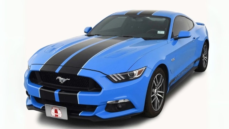 A Mustang wrapped in racing strips