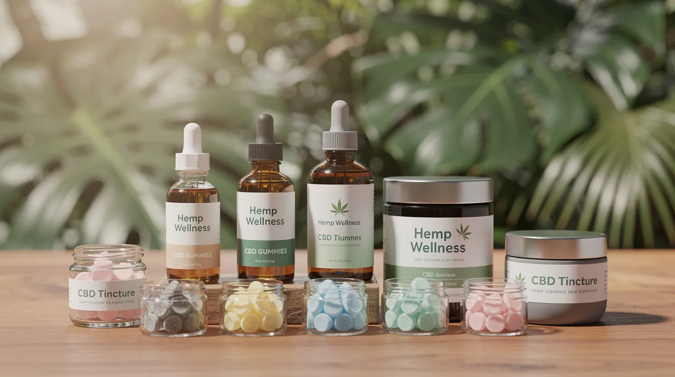 The image features an array of hemp wellness products, including colorful gummies and tinctures, neatly arranged on a wooden surface, with lush tropical foliage in the background. This display highlights hemp-derived products that are popular among medical cannabis patients in Hawaii, where the legal status of such items aligns with state laws and federal guidelines.