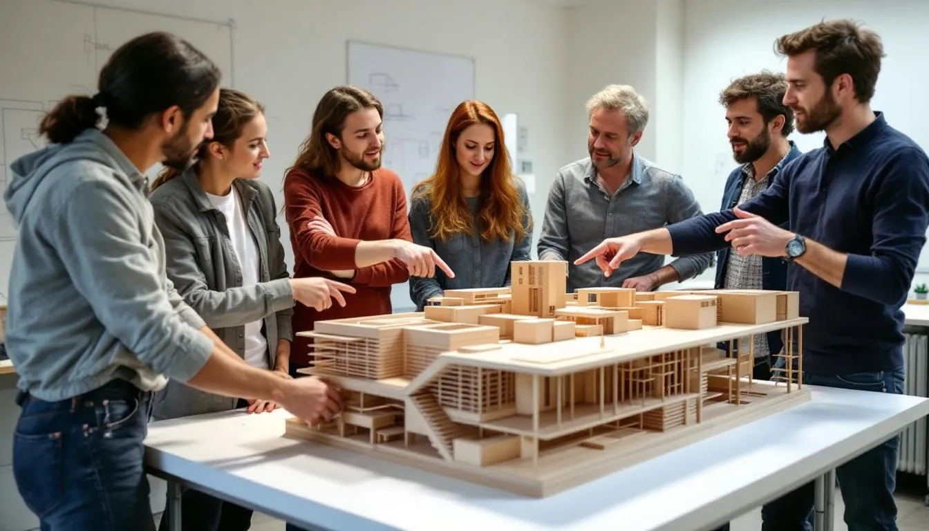 A group of architecture students is gathered around a detailed design model during a critique session, where professors provide constructive feedback. This collaborative environment fosters a growth mindset, encouraging students to engage with challenges and develop their skills through understanding motivation and persistence.