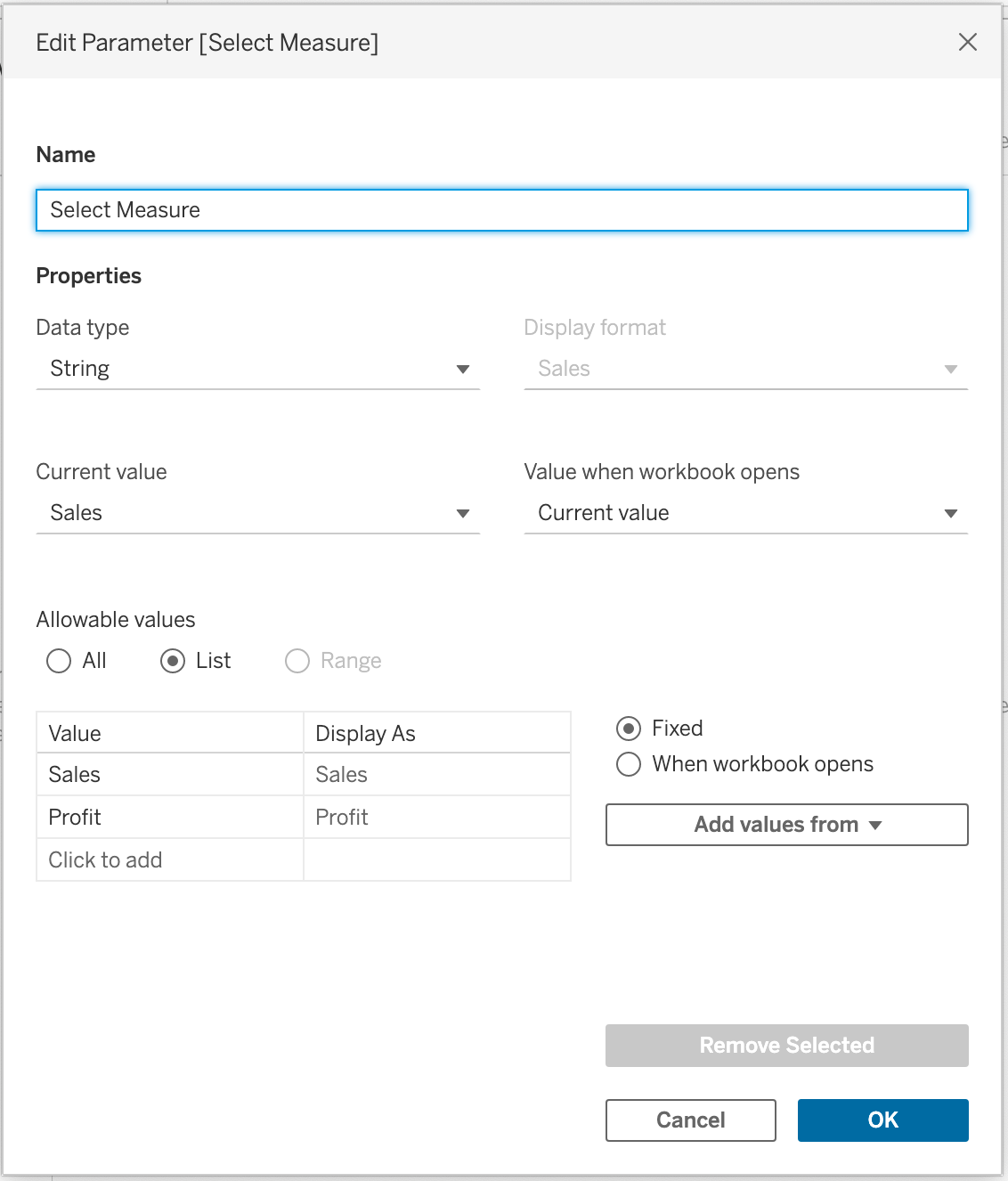 Create a parameter that lists measures for the user to select