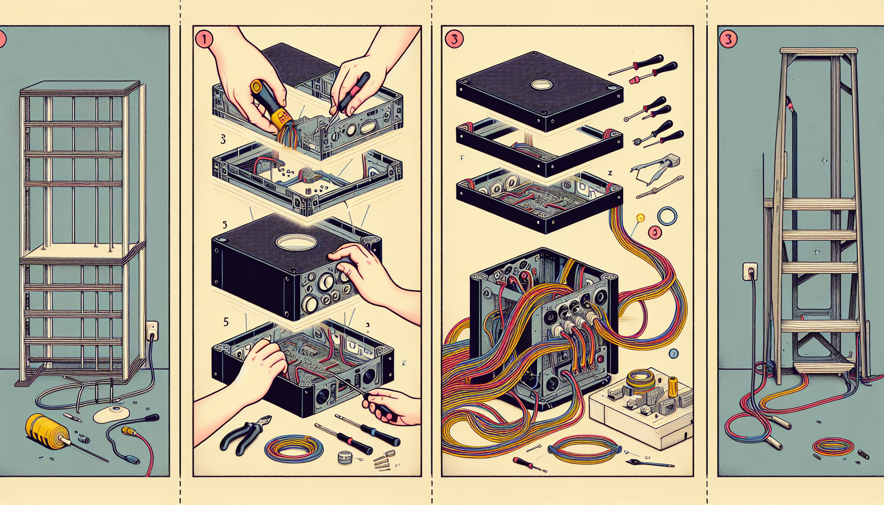 Illustrated step-by-step assembly guide for custom audio system