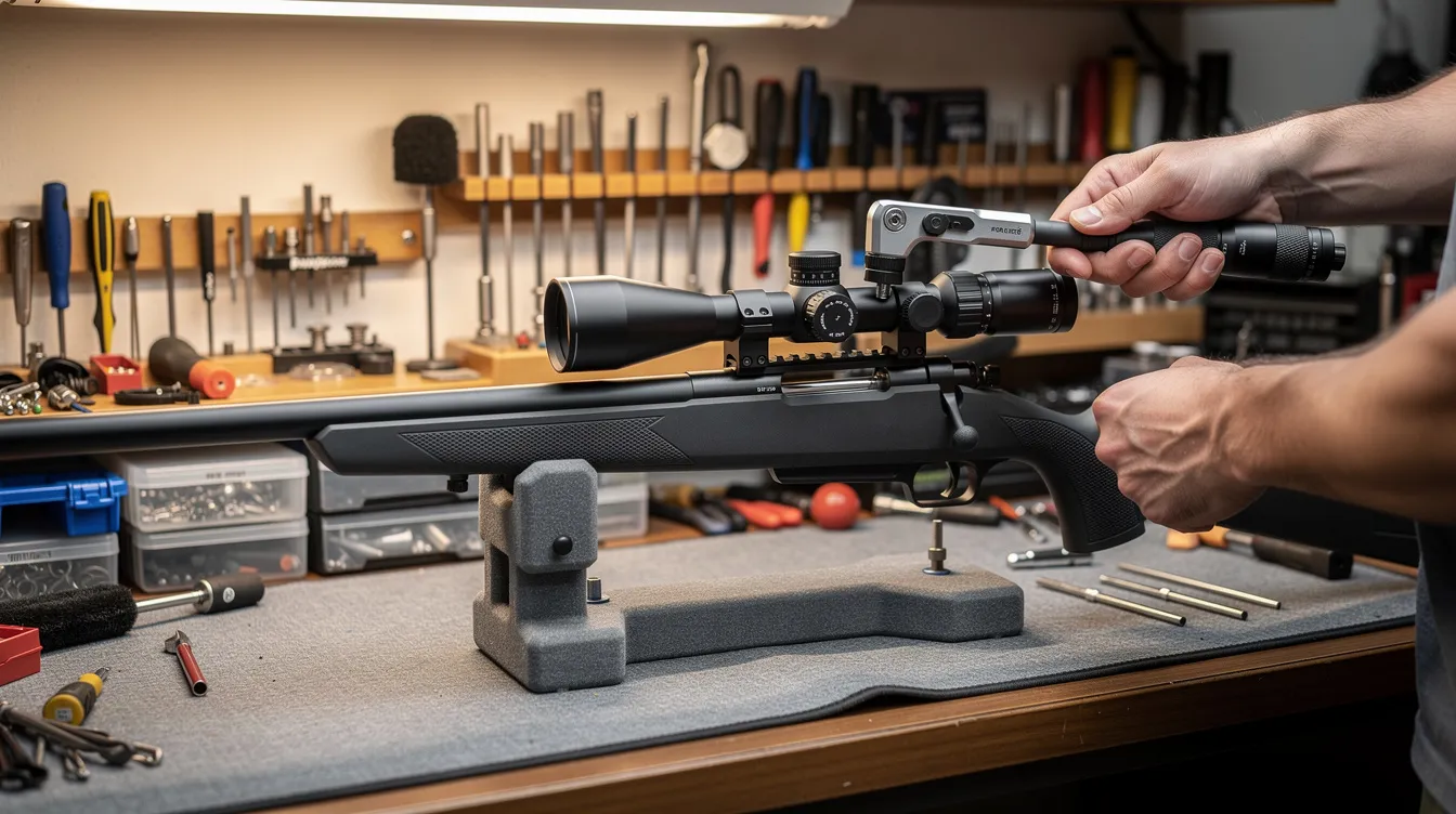 scope ring caps on a bolt-action rifle A gunsmith is using a torque wrench to securely tighten the scope ring caps on a bolt-action rifle at a well-organized workbench, ensuring the right scope ring height for optimal long-range accuracy and proper eye alignment. The setup highlights the importance of using medium height rings to achieve a natural cheek weld and maintain a comfortable shooting position.