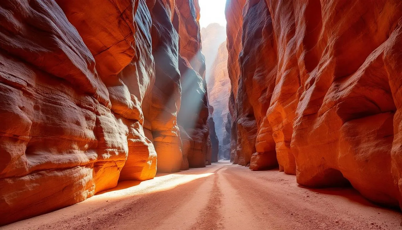 The Siq in Petra is a narrow, winding gorge that serves as the main entrance to the ancient city, flanked by towering rock walls that create a dramatic and awe-inspiring atmosphere. Visitors exploring this UNESCO World Heritage Site are often captivated by its stunning natural beauty and historical significance as they make their way toward the iconic Al Khazneh, or Treasury.