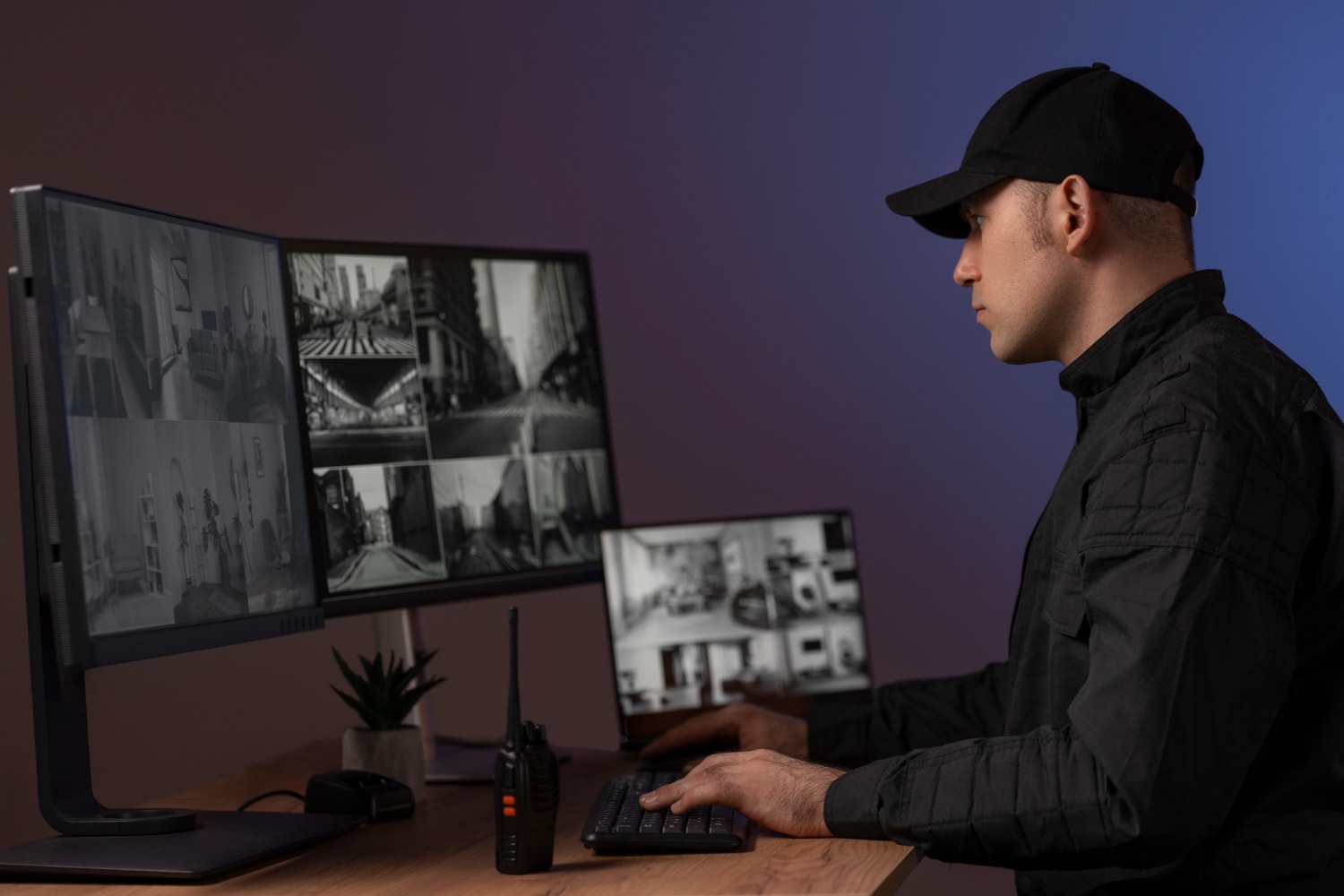 A uniformed security officer monitors multiple screens displaying black-and-white CCTV footage of various locations. The setup represents a cloud surveillance system used for workplace security, ensuring secure office entry and safety.