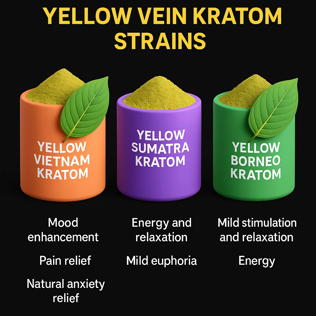 Yellow Kratom Explained: Unlocking the Mysteries of Yellow Vein Kratom Effects and Benefits 6 "Infographic titled 'Yellow Vein Kratom Strains' showing three types: Yellow Vietnam Kratom (mood enhancement, pain relief, natural anxiety relief), Yellow Sumatra Kratom (energy, relaxation, mild euphoria), and Yellow Borneo Kratom (mild stimulation, relaxation, energy)."