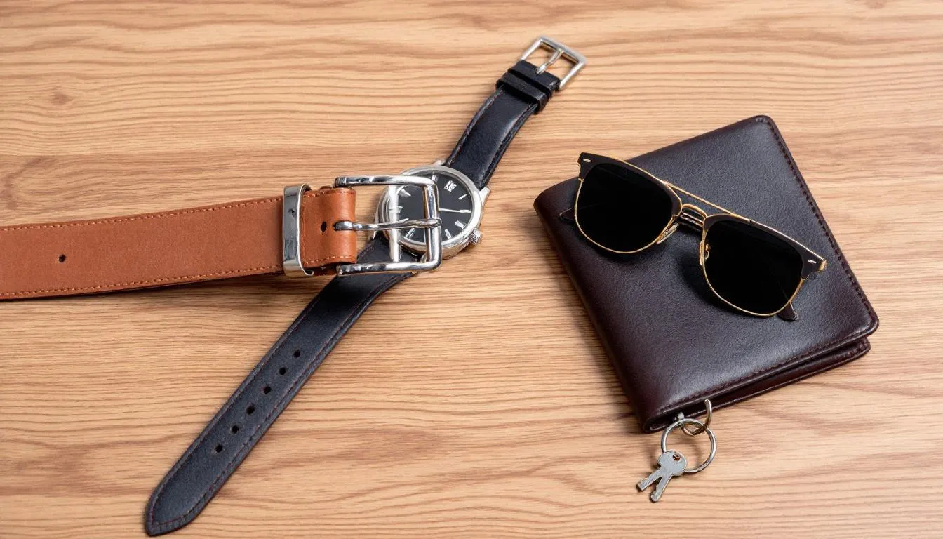 Na drewnianym stole ułożone są klasyczne męskie akcesoria, takie jak skórzany portfel, elegancki dodatek oraz ceramiczny kubek, które mogą być świetnym pomysłem na praktyczny prezent dla faceta. Te stylowe prezenty z pewnością sprawią radość obdarowanemu, idealnie nadając się na urodziny lub inne okazje.