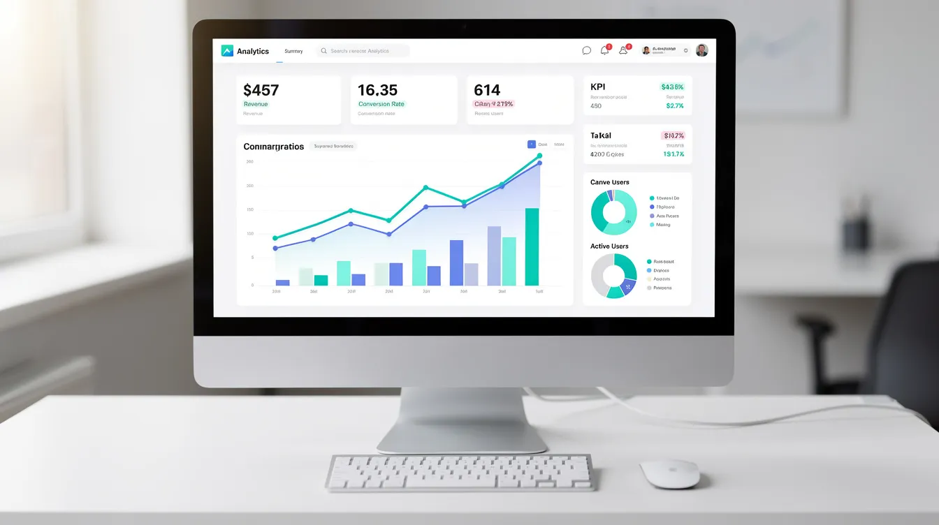 Das Bild zeigt einen modernen Computerbildschirm mit einem E-Commerce-Dashboard voller Analysen, das die Metriken eines Online-Shops anzeigt. Es hebt wichtige Leistungsindikatoren hervor, die für Dropshipping-Geschäfte relevant sind, wie z.B. Kundensupport, Bestandsmanagement und Trendprodukte.