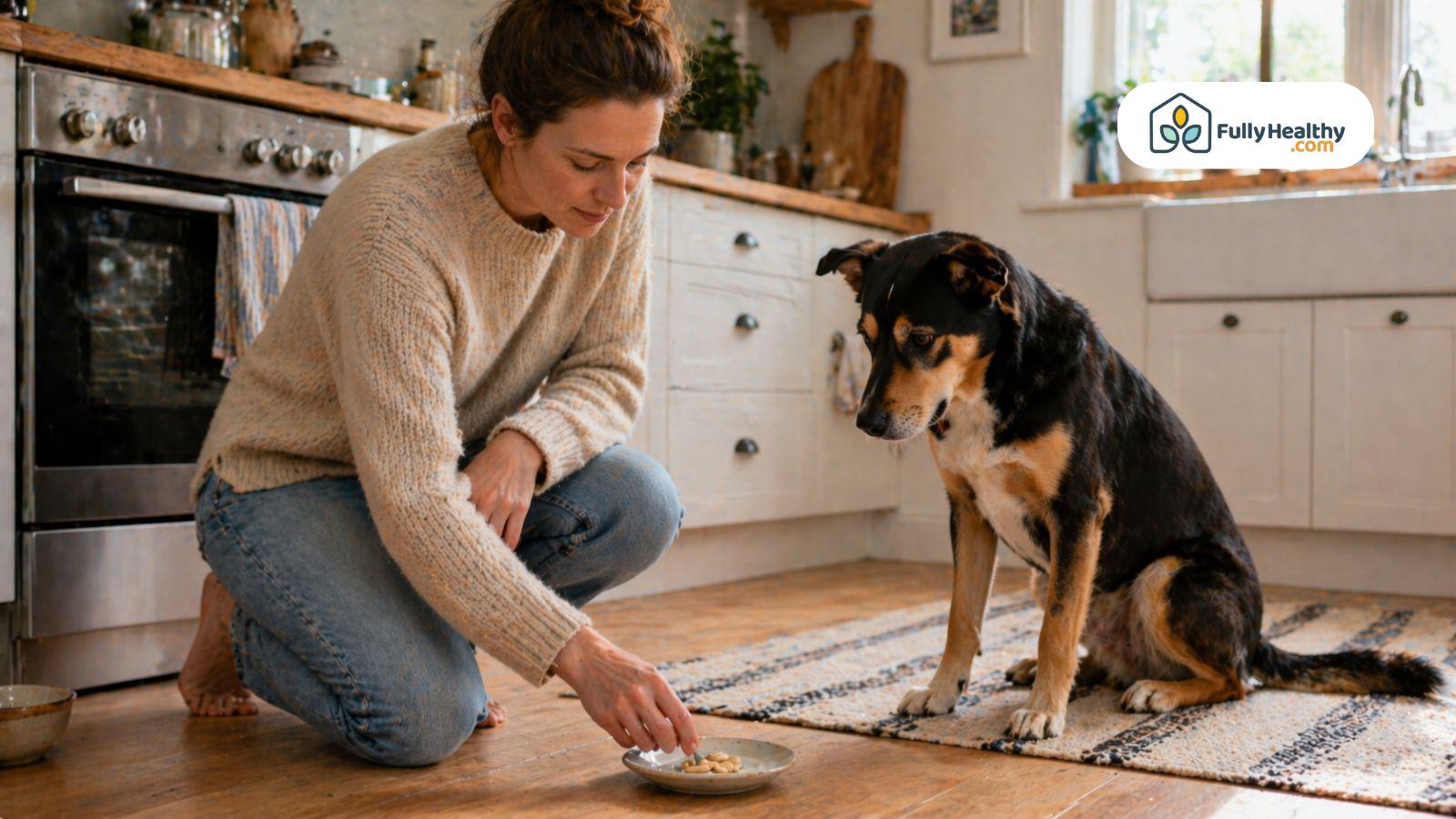 Woman offering cashews to attentive dog on cozy kitchen floor