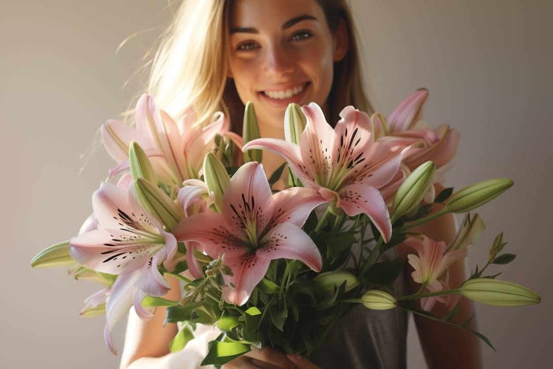 Wild lily bouquet being held by a smiling woman with green flower stalk - Flower Guy