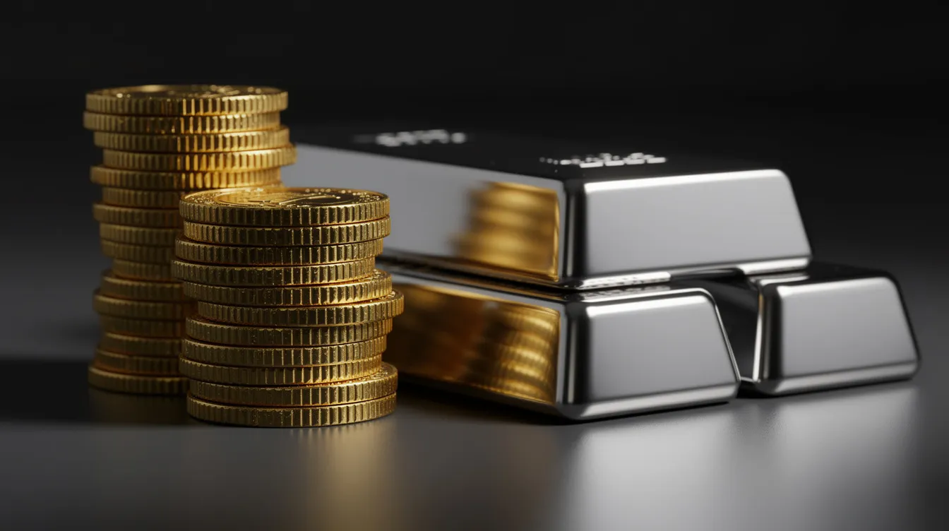 The image features a stack of gleaming gold coins and shiny silver bars arranged neatly on a dark surface, symbolizing the value of precious metals in retirement savings and investment. This visual representation highlights the importance of physical gold and silver products in diversifying a retirement account, appealing to those exploring options like Augusta Precious Metals for their gold IRA needs.