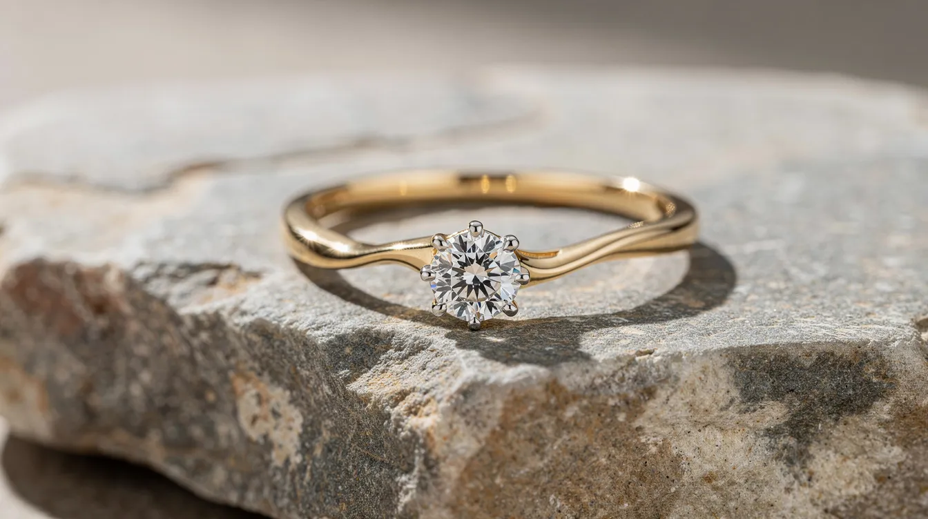 An elegant custom engagement ring is showcased on a natural stone surface, highlighting its intricate craftsmanship and luxurious design. This unique piece of fine jewelry symbolizes love and commitment, making it a perfect choice for a special occasion.