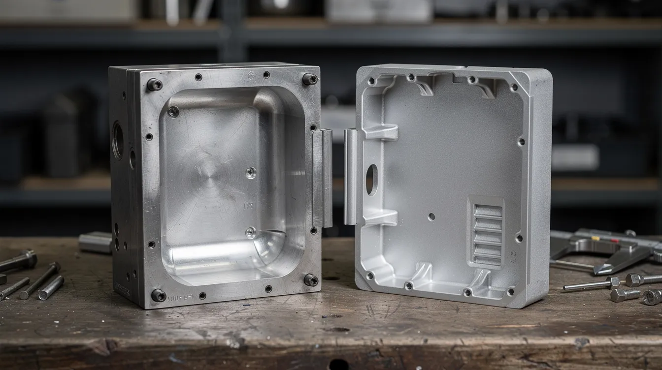 The image depicts a steel prototype die mold open on a workbench, revealing its intricate design, alongside a freshly cast aluminum housing that showcases the results of the die casting process. This scene highlights the contrast between CNC machining and die casting in manufacturing, emphasizing the precision and complexity achievable in metal parts production.