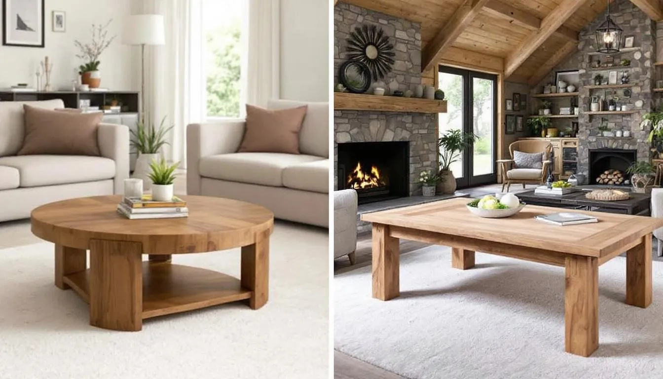 The image compares round and rectangular timber coffee tables, highlighting their presence in various room settings, including mid-century modern designs. Each table, crafted from quality oak and timber, complements the space and sofa arrangements, illustrating the beauty and functionality of different coffee table styles.
