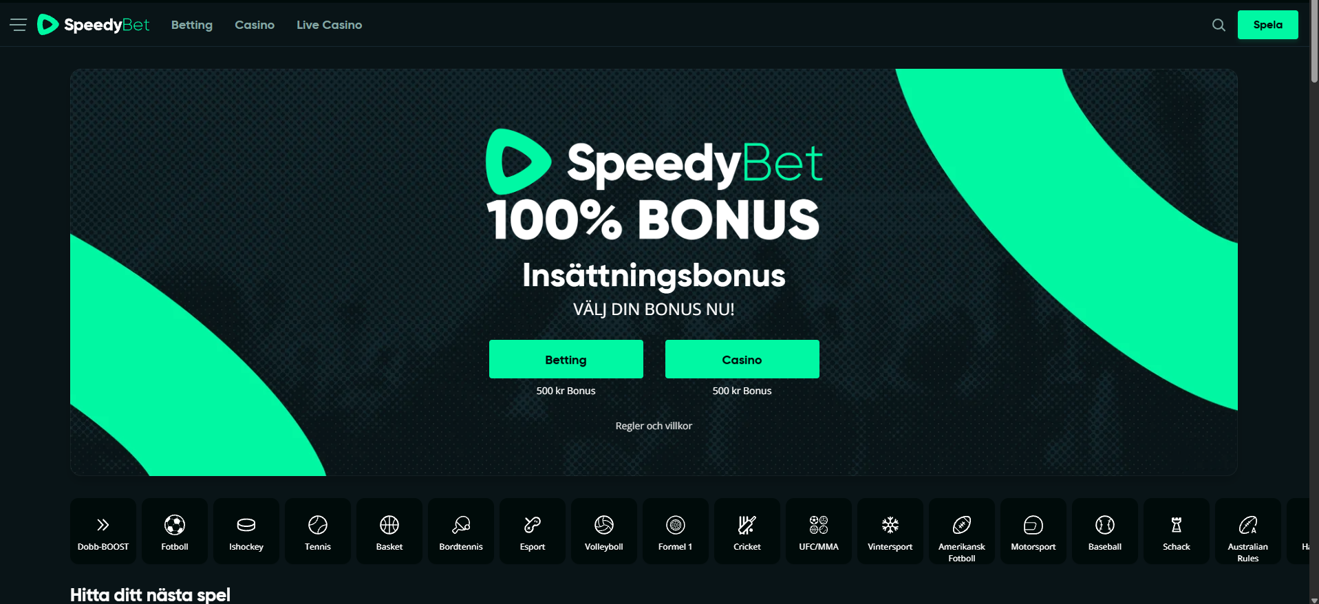 SpeedyBets startsida med 100 % insättningsbonus för betting och casino.