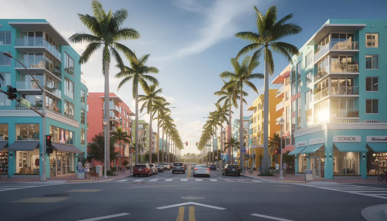 The image depicts a vibrant Miami streetscape featuring mid-rise apartment buildings surrounded by lush palm trees, typical of the city's neighborhoods. This lively scene highlights the appeal of Miami real estate, ideal for prospective property consumers seeking listings in this desirable area.