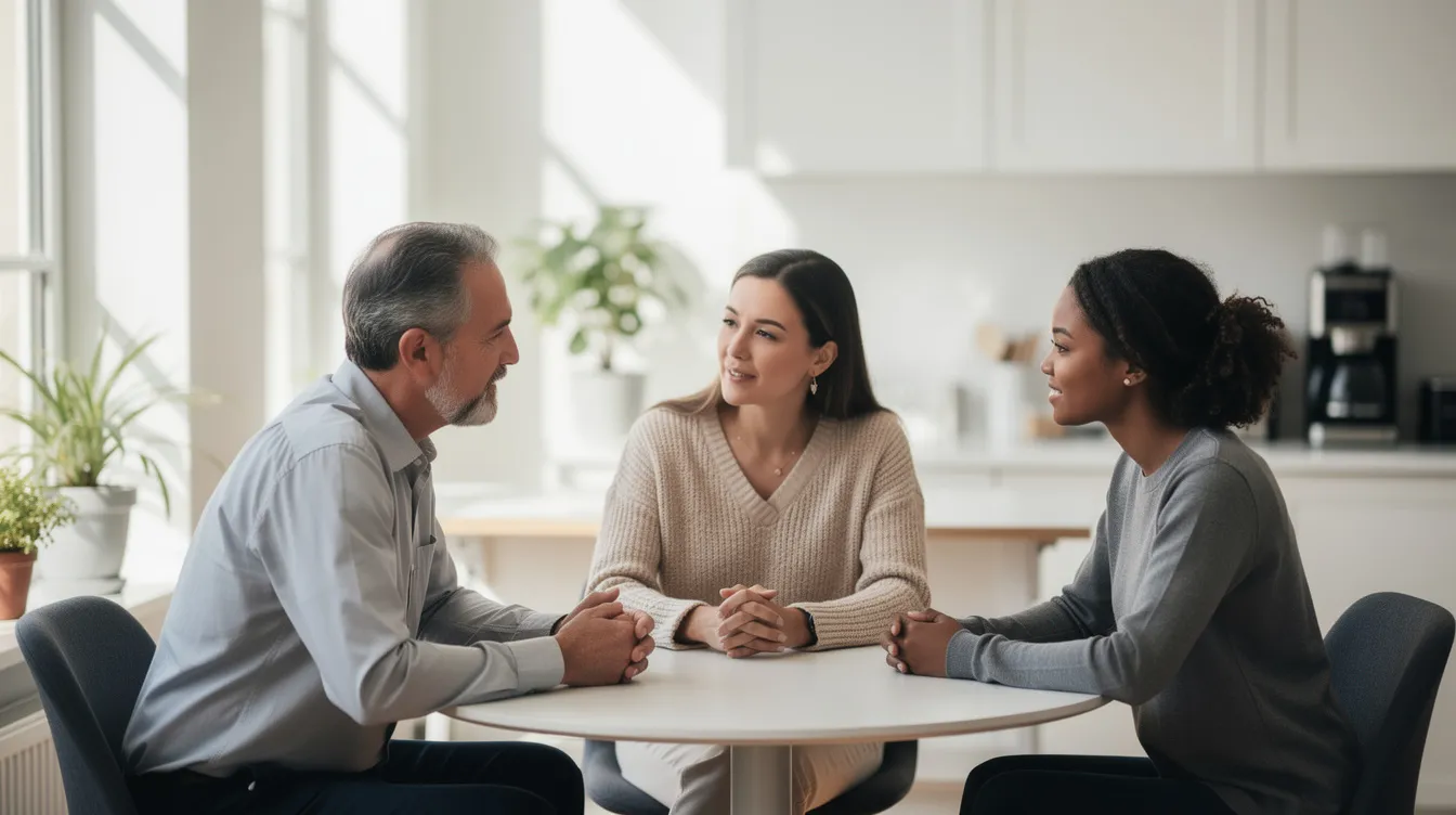 The image depicts a group of diverse coworkers engaged in a quiet, supportive conversation in a bright office break room, reflecting a positive work culture that prioritizes employee mental health and well-being. This supportive environment encourages open discussions about mental health challenges, fostering a sense of community and trust among colleagues.