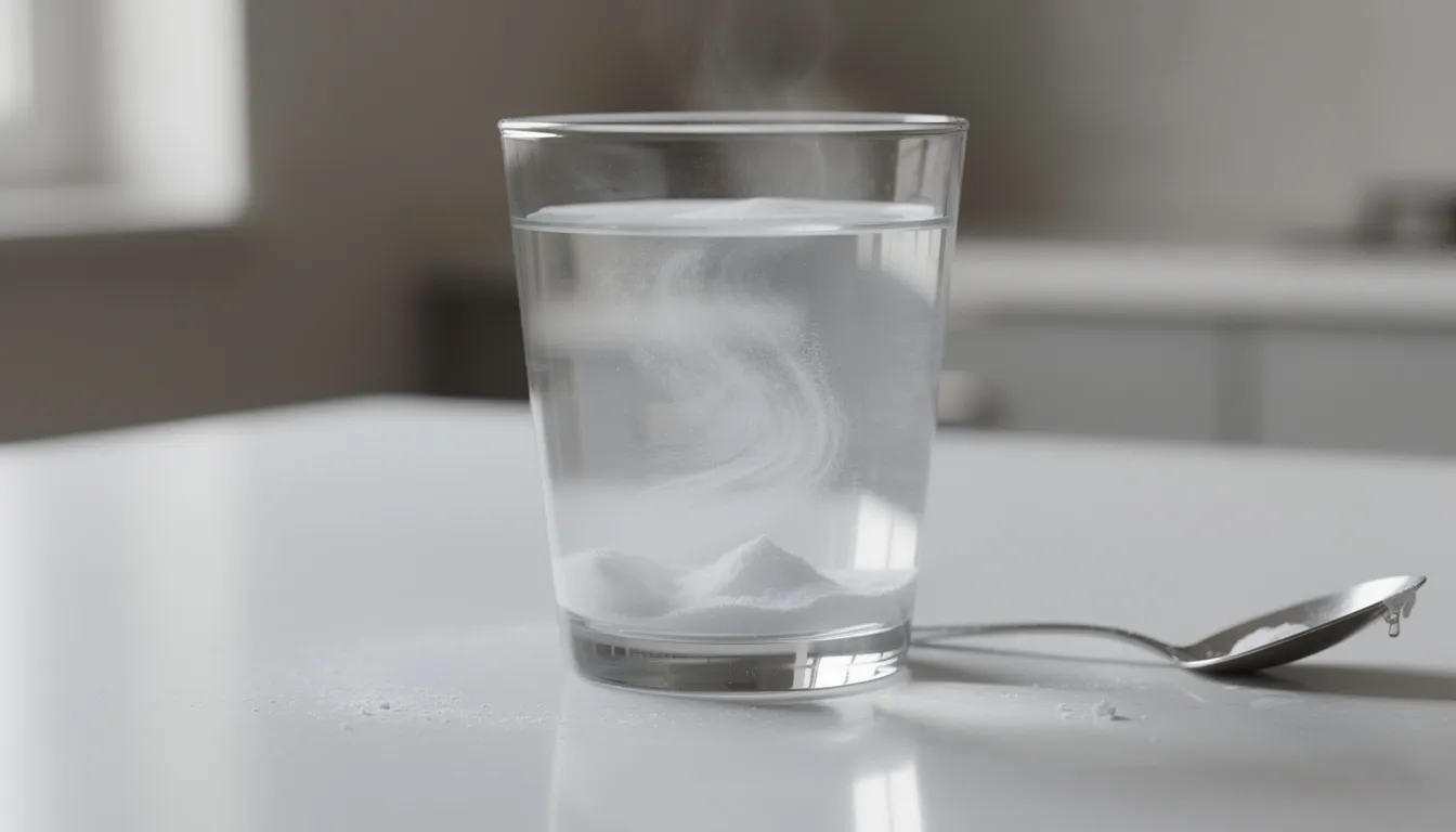 The image shows a glass of water on a kitchen counter with white creatine powder dissolving in it, alongside a spoon. This visual represents the process of preparing creatine supplements, which are commonly used by fitness enthusiasts to enhance muscle strength and support muscle growth during exercise.