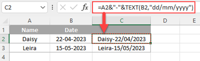 Using Excel TEXT function to format dates when combining data