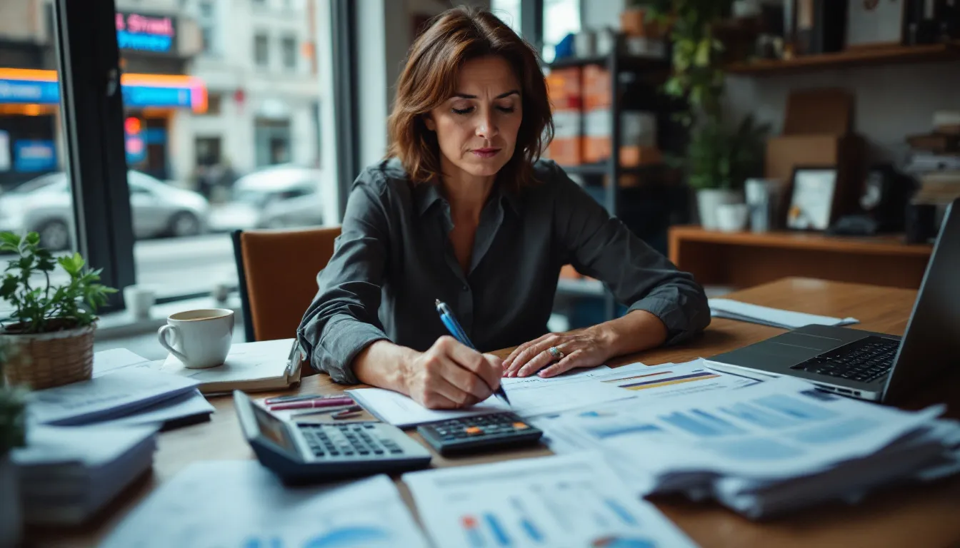 A small business owner is sitting at a desk, reviewing a detailed business plan and calculating costs associated with opening a UPS Store franchise. The owner appears focused as they consider financing options, such as SBA loans and personal savings, to ensure informed decisions for their new venture.