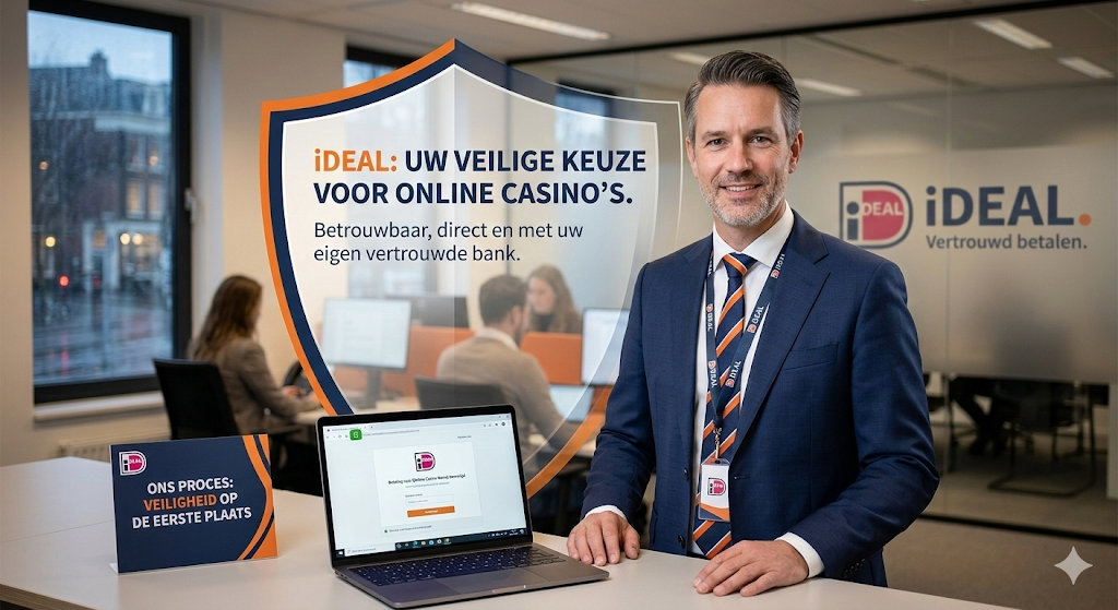 Presentatie van iDEAL als veilige betaalmethode voor online casino’s, waarbij Nederlandse spelers betalen via hun eigen vertrouwde bankomgeving met instant payment technologie, vaak gebruikt bij legale Nederlandse casino’s met vergunning van de Nederlandse Kansspelautoriteit.