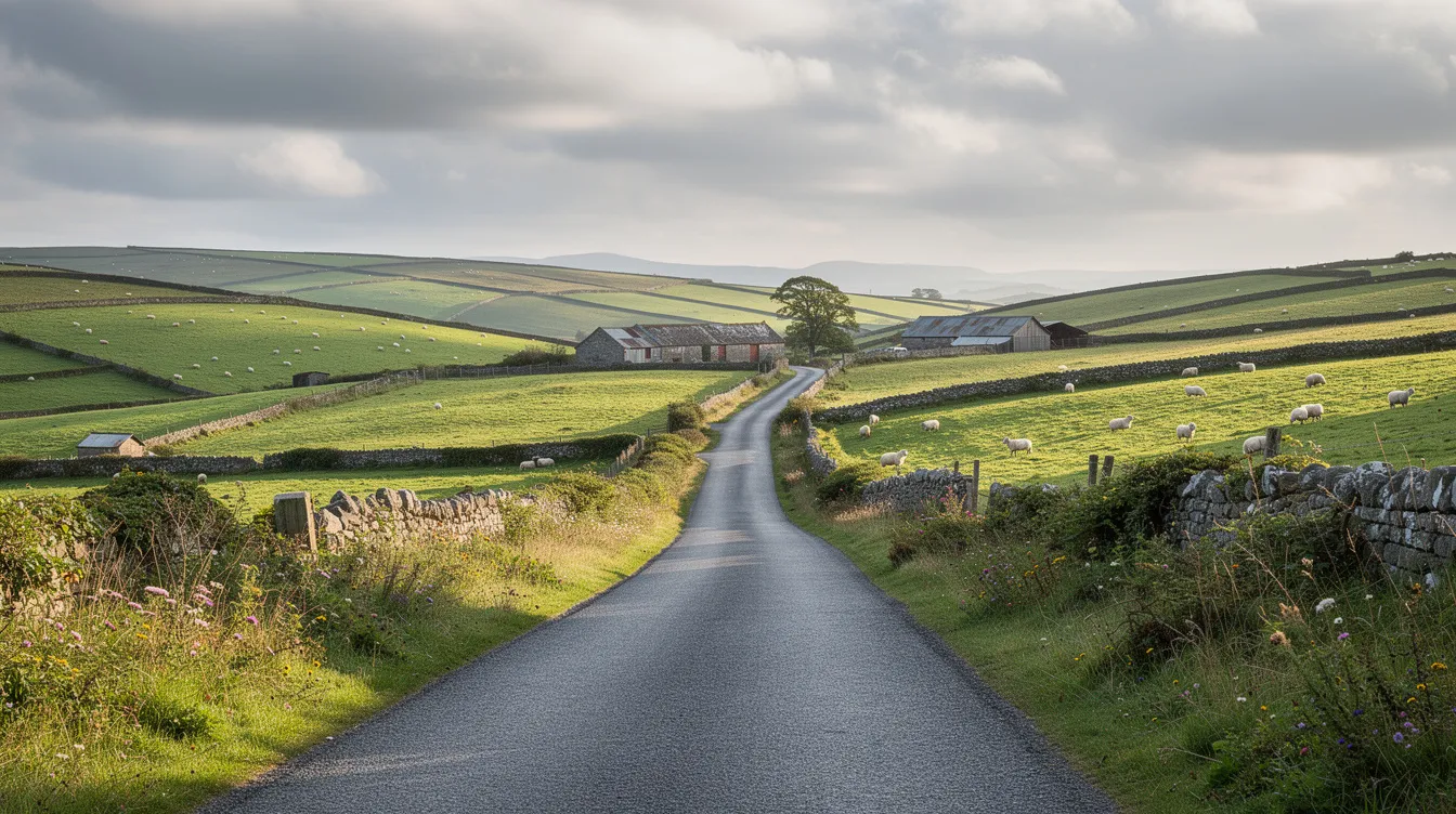 The image depicts a picturesque road winding through the lush green rolling hills of the Irish-Northern Irish border countryside, showcasing the serene beauty of the area. This scenic landscape highlights the natural charm of Ireland, inviting travelers to explore its enchanting vistas.