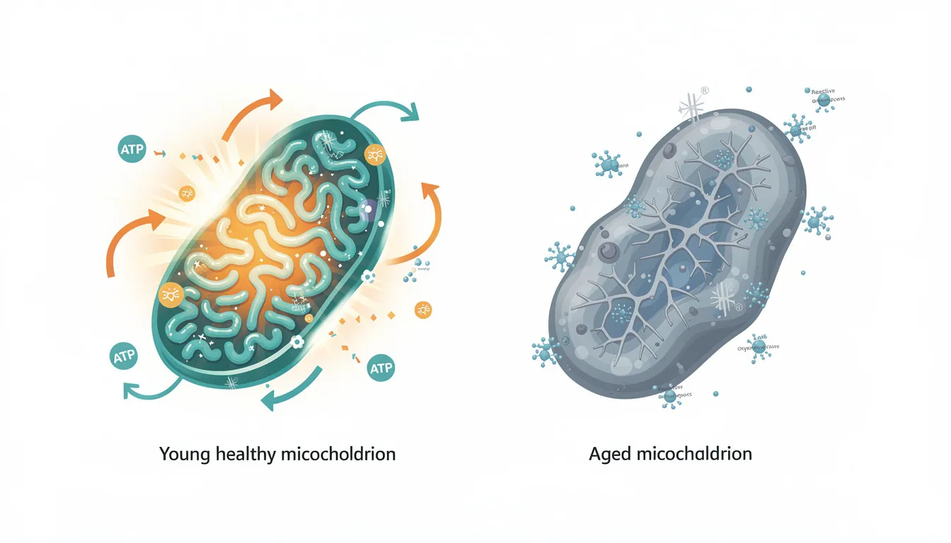The image depicts a side-by-side comparison of two mitochondria: on the left, a healthy young mitochondrion is shown producing abundant energy, symbolizing optimal mitochondrial function and cellular health, while on the right, an aged mitochondrion illustrates reduced energy production and mitochondrial dysfunction. This visual highlights the importance of maintaining mitochondrial health for muscle function and healthy aging.