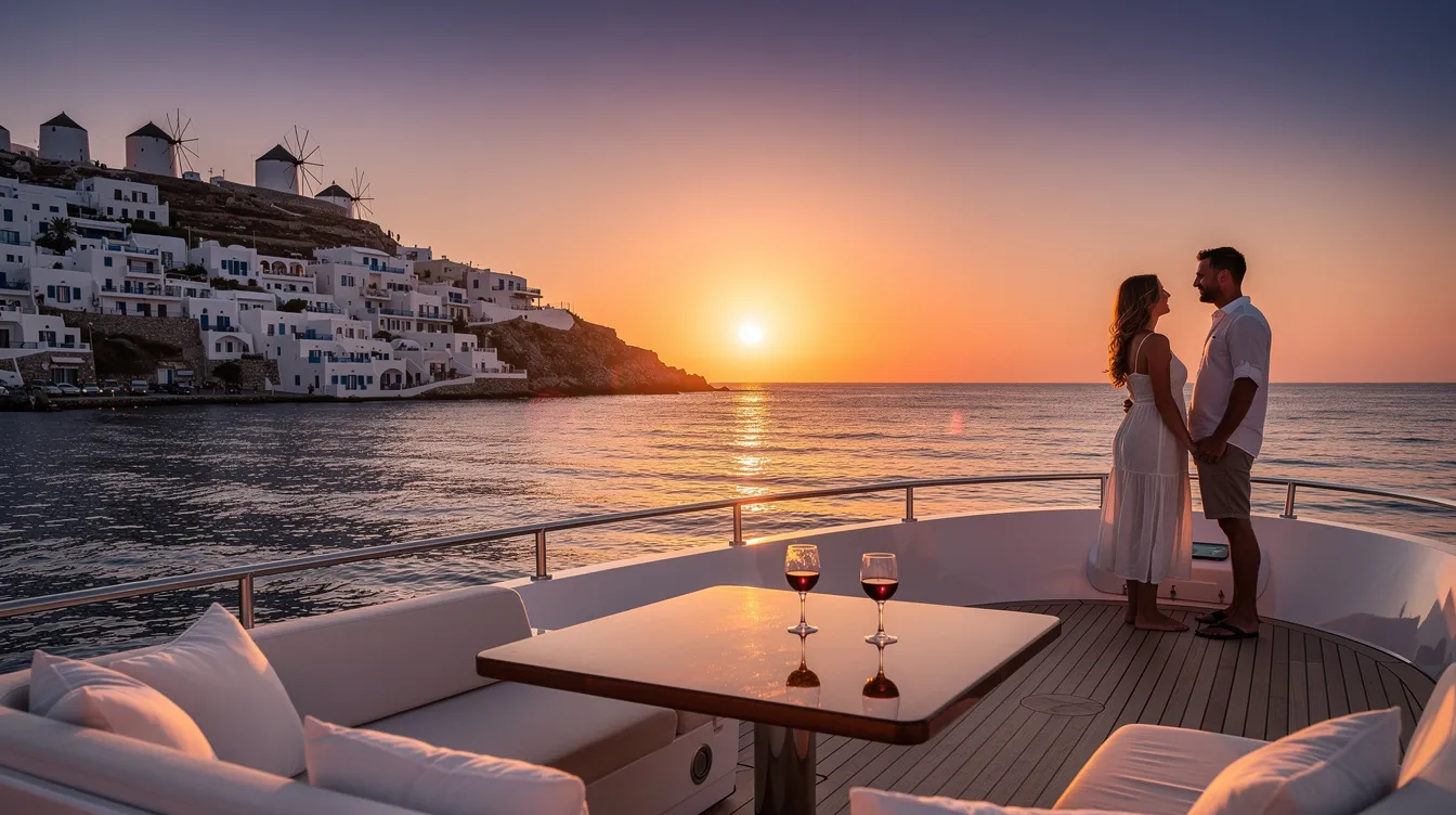 Um cruzeiro ao pôr do sol em Mykonos, na Grécia, apresenta o mar Egeu refletindo tons alaranjados e rosados, enquanto pequenas ilhas se destacam ao fundo. A cena captura a beleza da praia e a tranquilidade do momento, perfeita para uma viagem inesquecível.