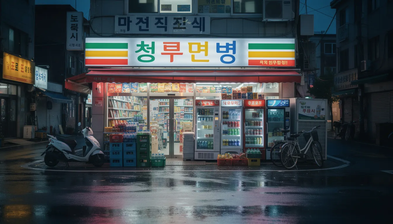 The image shows the exterior of a vibrant Korean convenience store illuminated at night, featuring colorful signage that attracts customers. The store likely offers various services, including the option to buy a T Money card for convenient access to public transportation and other amenities in South Korea.
