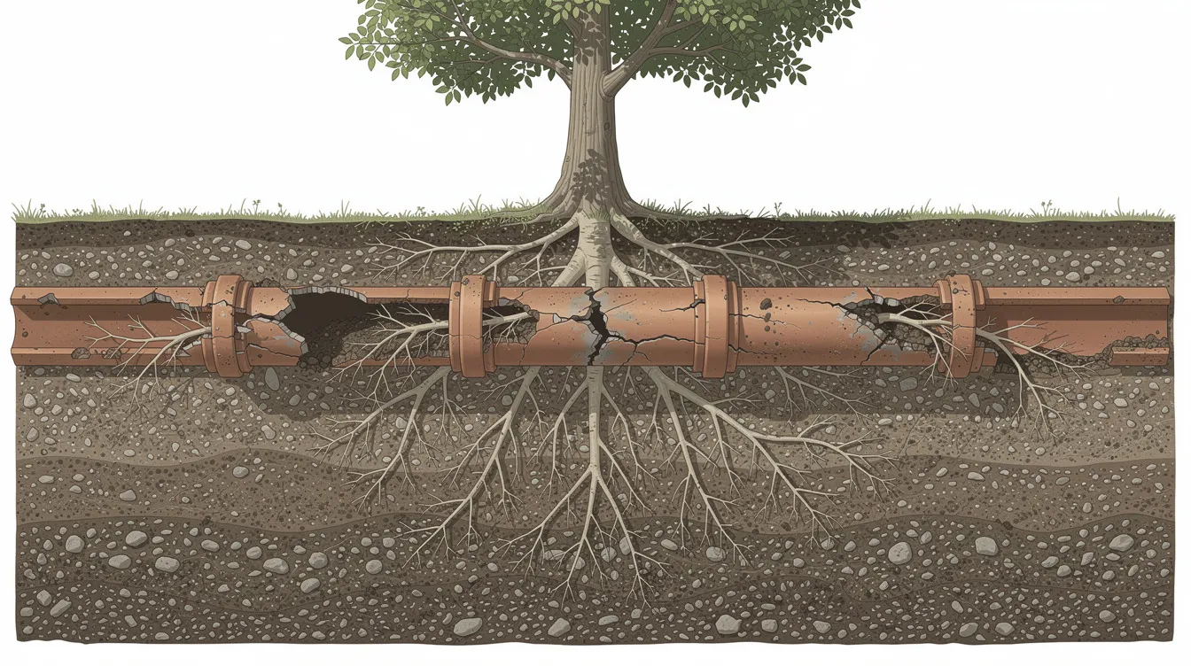 The image depicts an underground cross-section revealing tree roots encroaching upon a cracked clay sewer pipe, illustrating potential sewer line problems. This scenario emphasizes the importance of sewer camera inspection services to identify root intrusion and prevent plumbing issues such as slow drains and sewer backups.