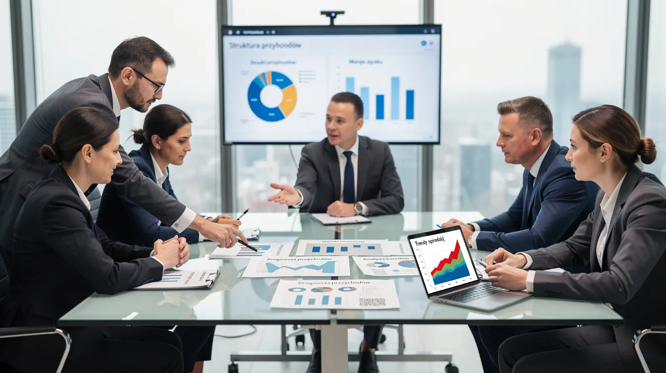 01b19a2b b9fd 49ad b7e2 b299365c95b5 Na obrazku zespół biznesowy dyskutuje przy stole konferencyjnym, analizując wykresy finansowe związane z rentownością kapitału własnego oraz wskaźnikiem rentowności sprzedaży. W tle widoczne są notatki i dokumenty, które ilustrują analizę wskaźnikową przedsiębiorstwa.